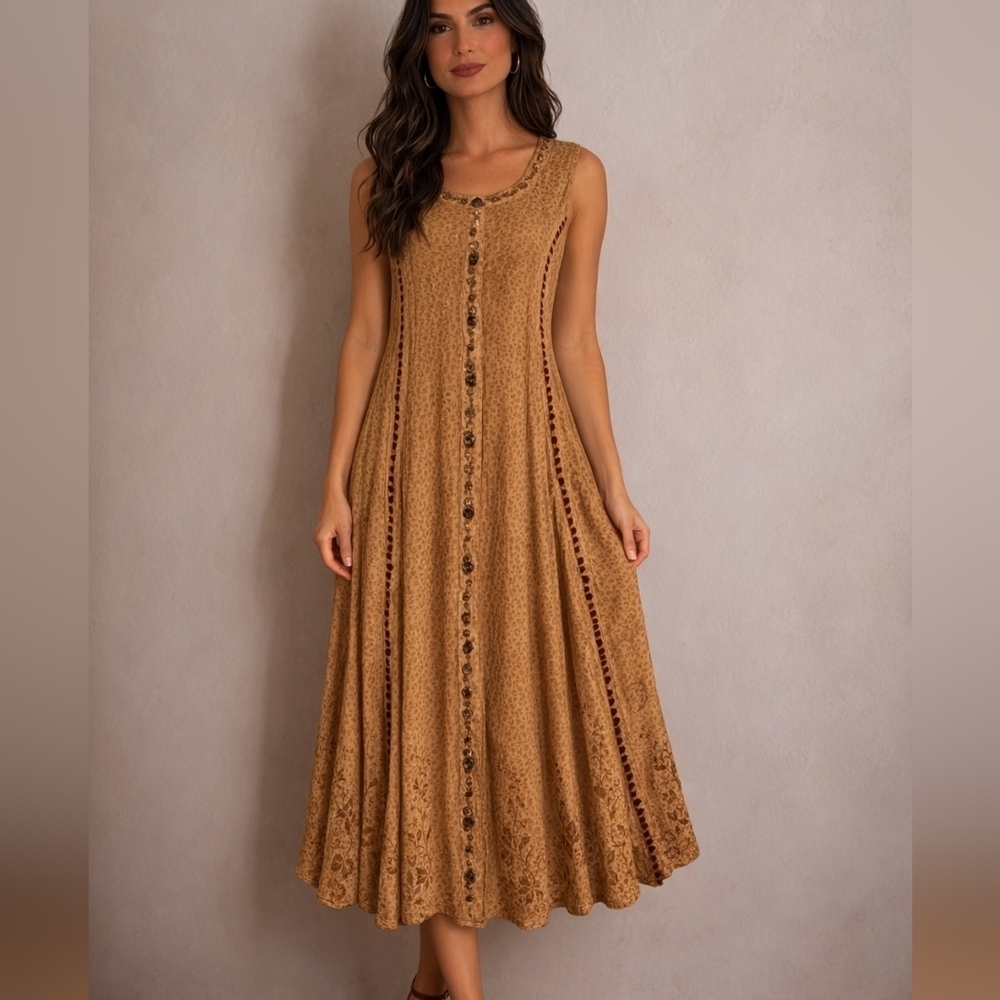 VTG MAGIC 1980s Tan Floral Embroidered Tie Back Sleeveless Circle Dress
